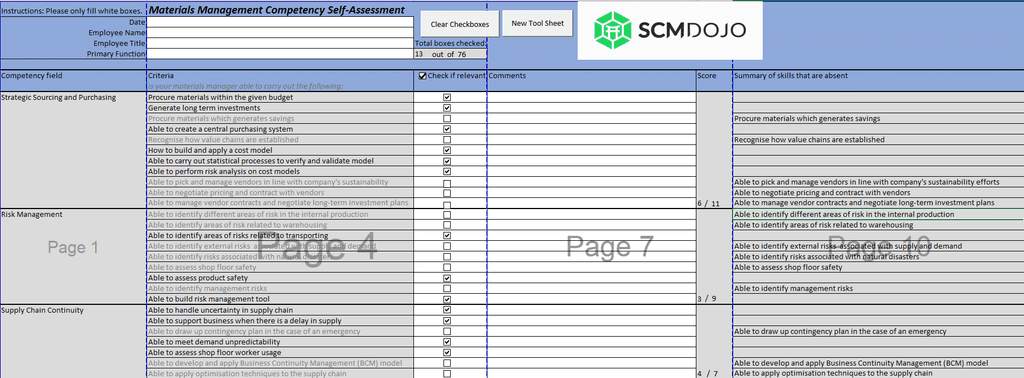 Materials management competencies assessment Excel tool showing 11 category scoring layout