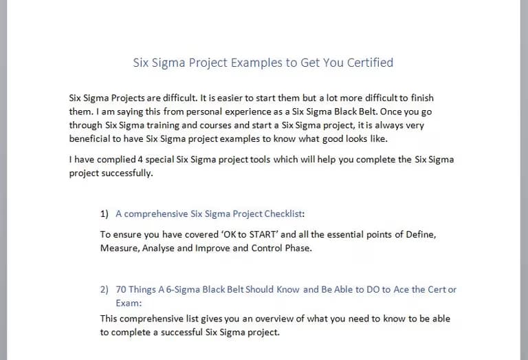 70 Black Belt competencies list covering knowledge areas required for Six Sigma certification exam