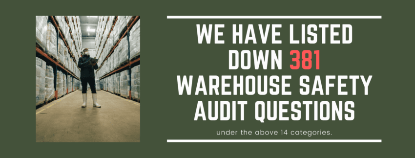 Warehouse safety audit checklist showing 381 structured questions across 14 risk categories