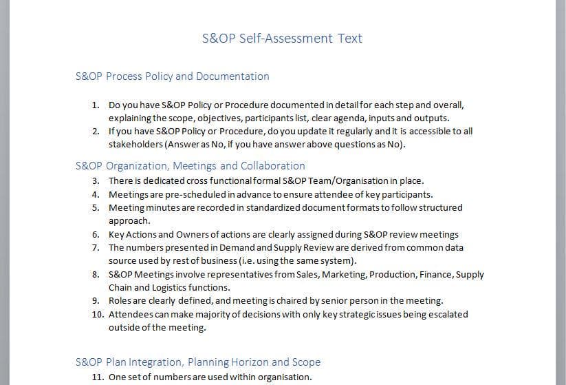 Sales and Operations Planning process assessment scorecard with maturity rating scale