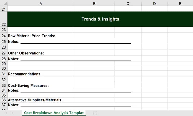 Automated cost calculation section of the procurement cost breakdown analysis Excel template