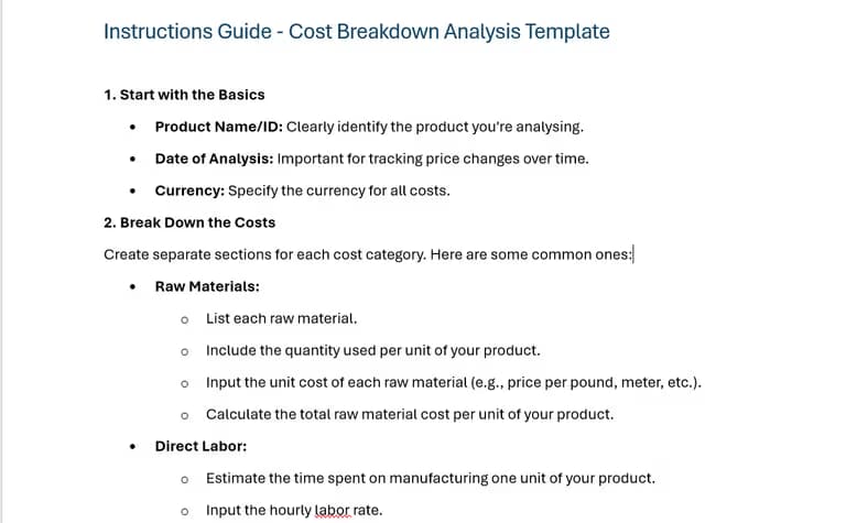 Raw material price trend analysis section in the cost breakdown analysis template for procurement teams