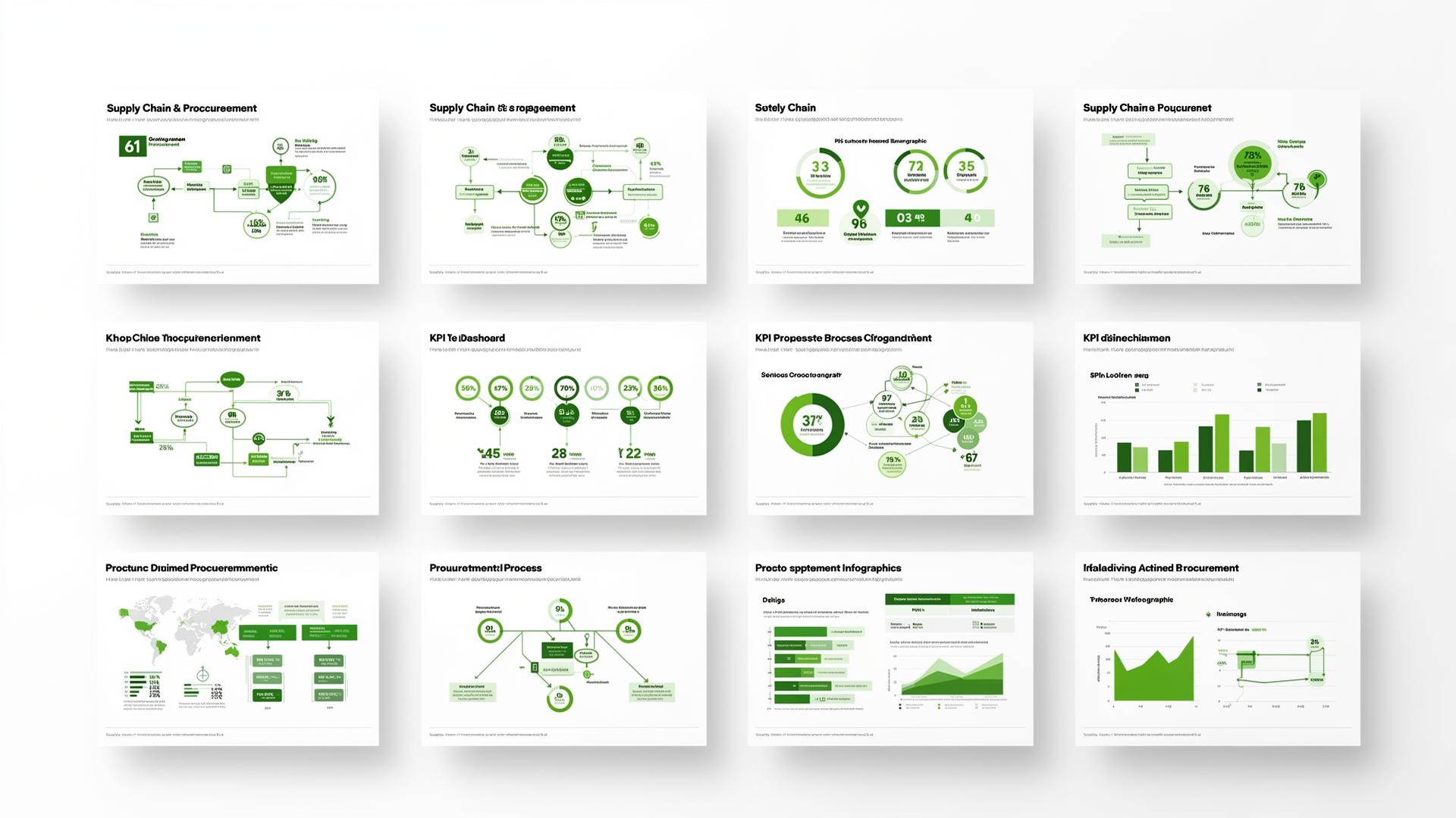 Preview of 50+ supply chain and procurement infographics showing KPI dashboards, process flowcharts, and data visualizations