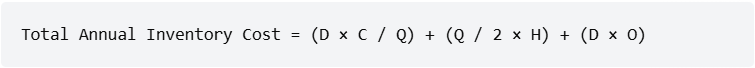 EOQ : To calculate the total cost of inventory, we can use the following formula:Â