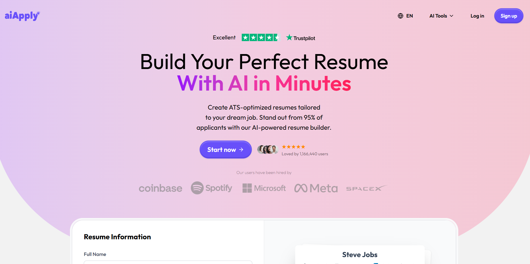 AIApply résumés builder interface