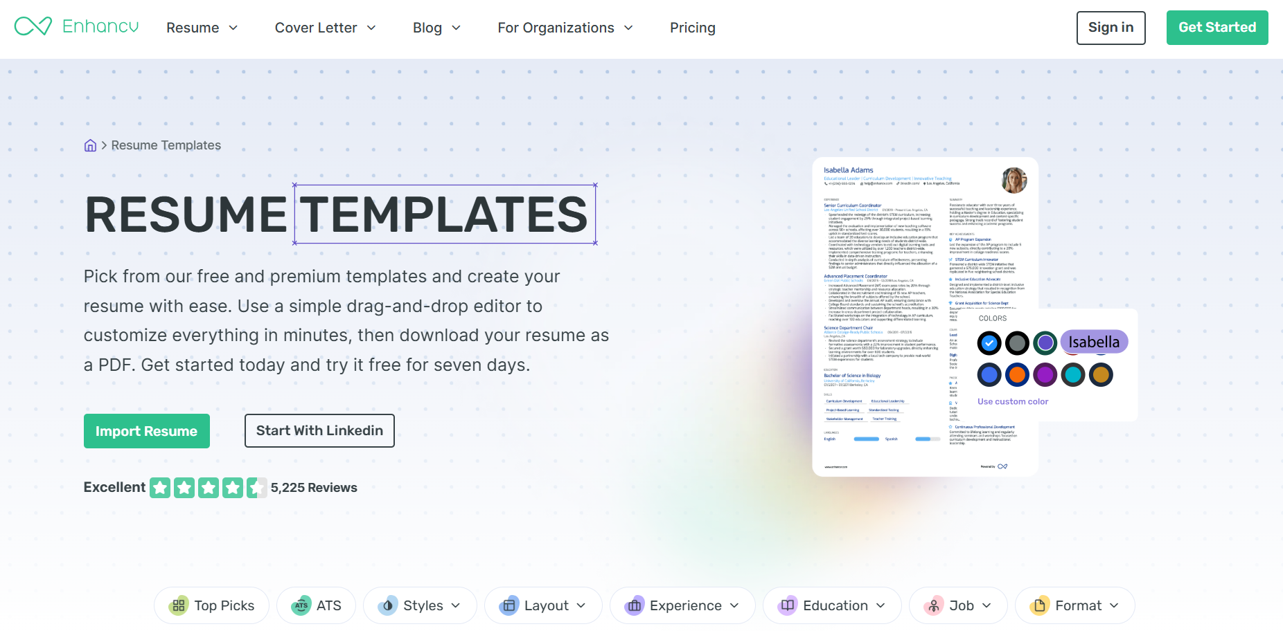 Enhancv's Resume Template Interface